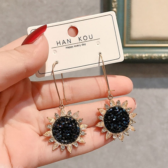 Divine Druzy Sunflower Lever Back Dangle Earrings - Picture 3 of 5